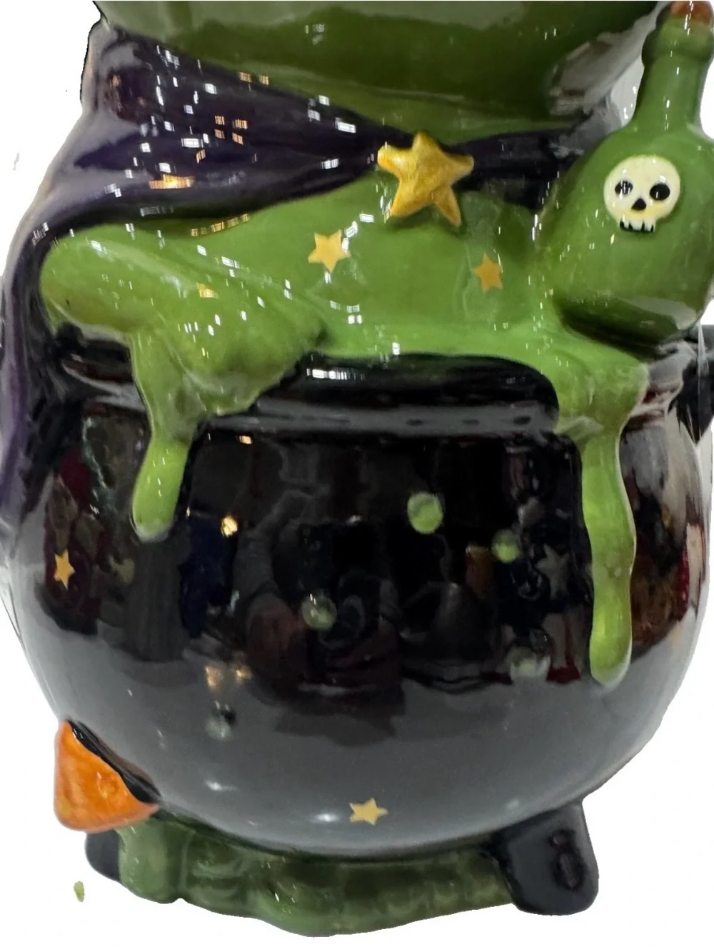 Spooky Street Halloween Cookie Jar/Canister Witch/Wizard Frog on Cauldron NWT